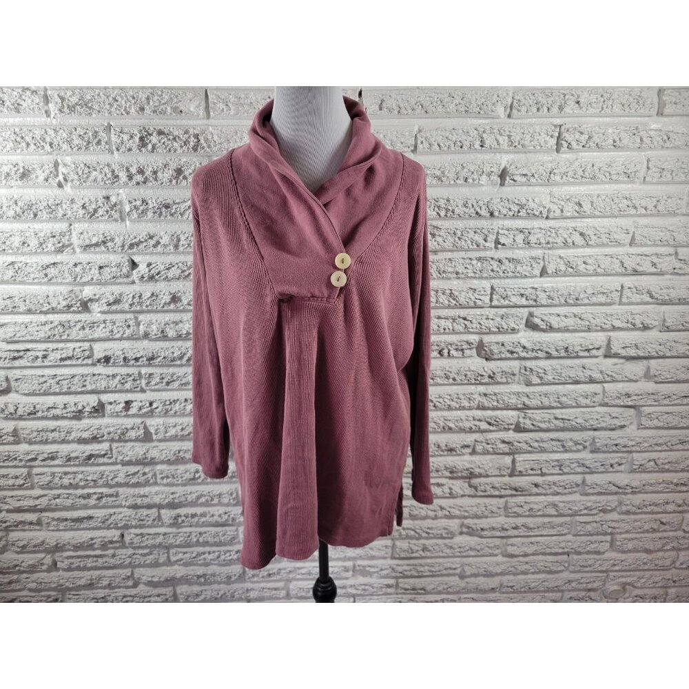 Roamans Purple Blouse 1X Plus Knit Cotton Collared Button Accent SWE127E
